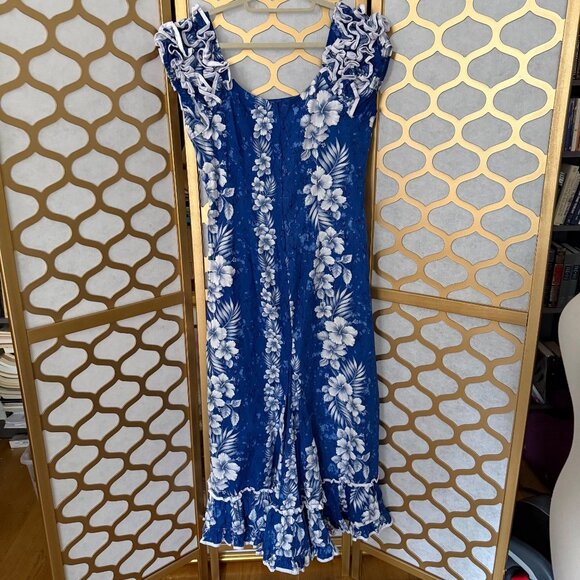 Vintage Hawaiian KY's Hawaii Size L Blue White Hibiscus Floral Ruffle Midi Dress - Picture 5 of 16